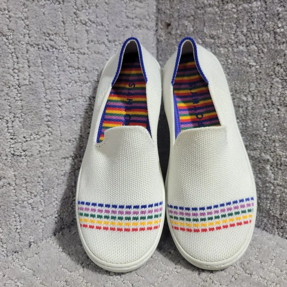 Rothy's The Kid White Rainbow Knit Slip On Sneaker Shoes Big Girl's Size US 1